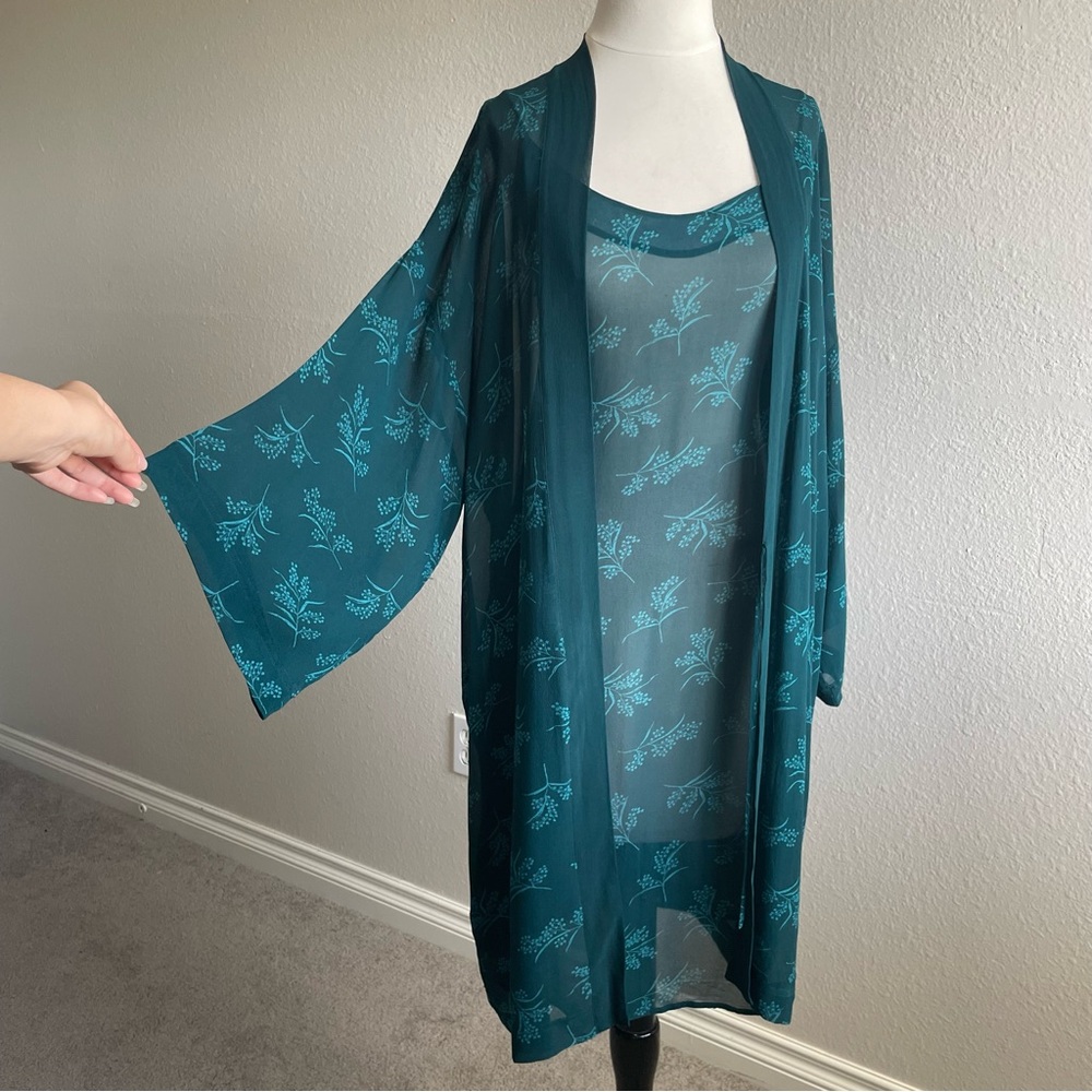 Nicole Miller Sheer Teal Floral Chemise Kimono Robe Set